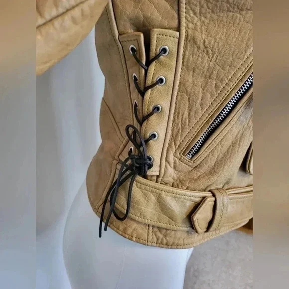 ALLSAINTS (RARE) Sarana Lace Up Moto Zip BuckleBrown Biker Leather Jacket(4) - Picture 8 of 14